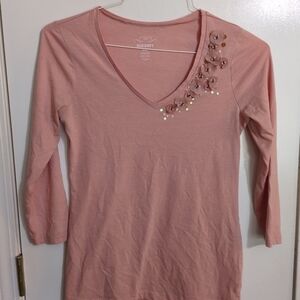 Old Navy Blush Pink 3/4 Sleeve Women's Top-V-neck/Flower Embellishments- Size S